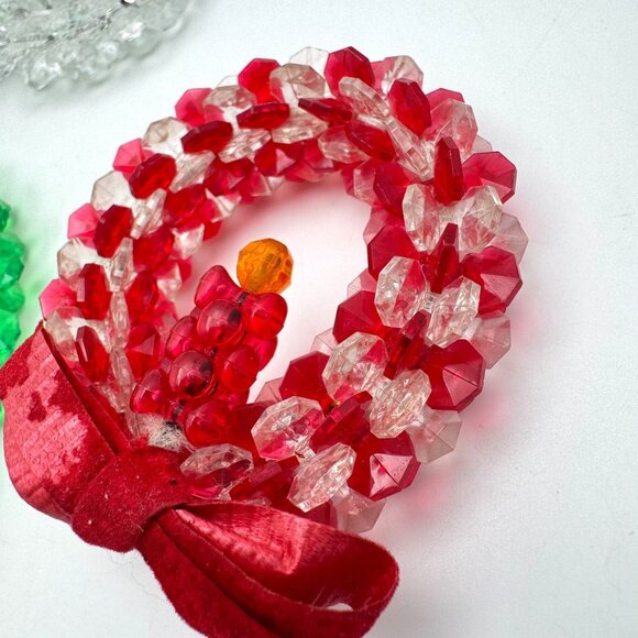 Handmade Christmas Candle Wreath Ornaments Plastic Bead Red Green White 3 Pc Vtg - Picture 9 of 10
